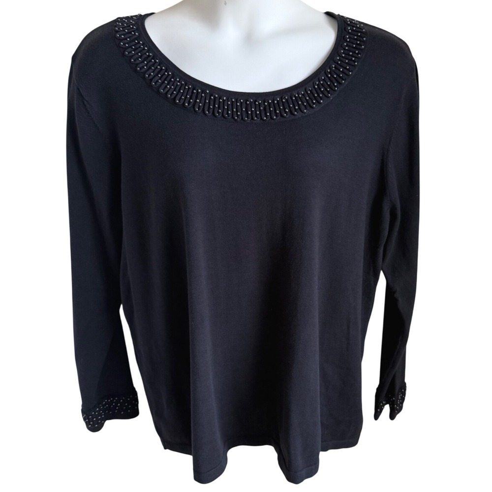 Quiet Luxury Black Beaded Neckline Cuff Long Sleeve‎ Top Elegant Minimalist 2X